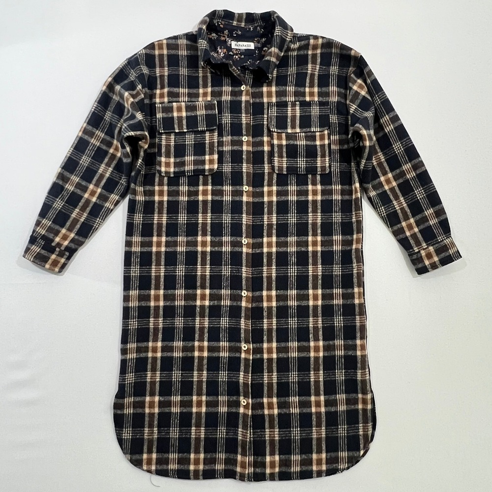 Paparazzi Alberto Makali Embroidered Plaid‎ Shacket Shirt Dress Navy Small NWT